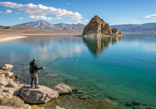 Angler casting a line from a ladder into Pyramid Lake, Nevada, with the pyramid-shaped rock formation in the background.