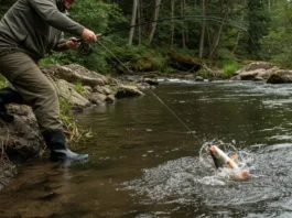 Angler demonstrating fishing snagging technique on a riverbank, capturing a fish with a forceful pull.