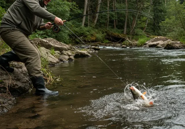 Angler demonstrating fishing snagging technique on a riverbank, capturing a fish with a forceful pull.