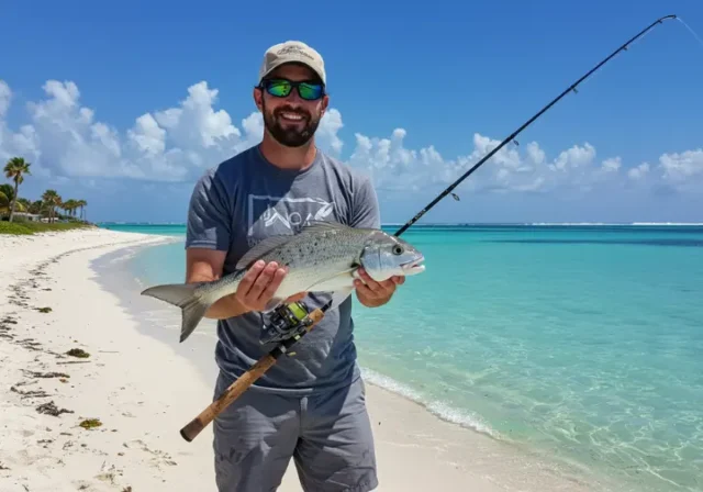 Angler holding a fish and a Florida fishing license on a sunny beach with turquoise waters and palm trees.