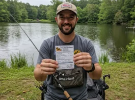 Angler holding a Maryland fishing license by a serene lake, ready to start fishing.