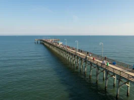 Bustling fishing pier in Myrtle Beach with anglers casting lines into the Atlantic Ocean, surrounded by golden sand and clear skies.