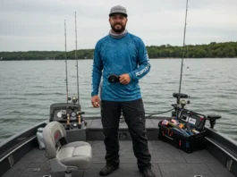 Angler dressed in high-performance fishing apparel from top brands, ready for a day on the water.