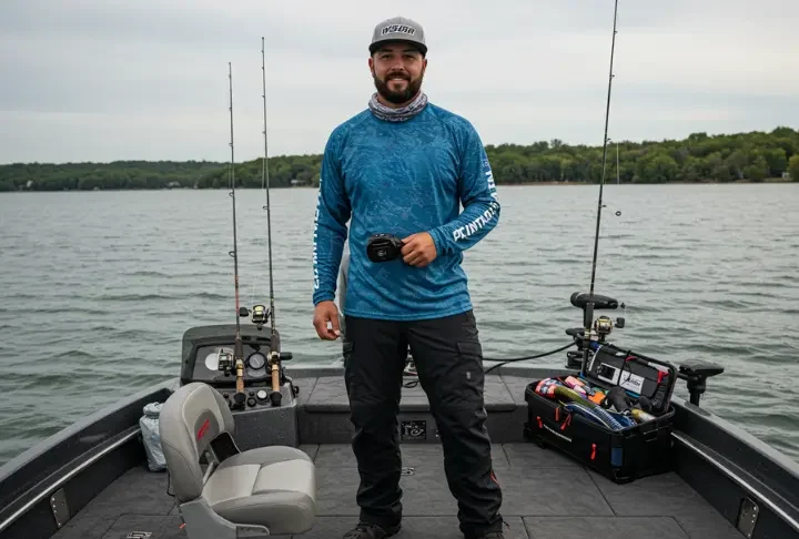 Angler dressed in high-performance fishing apparel from top brands, ready for a day on the water.