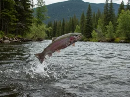 Steelhead leaping out of the water, highlighting the beauty and challenge of steelhead fishing.