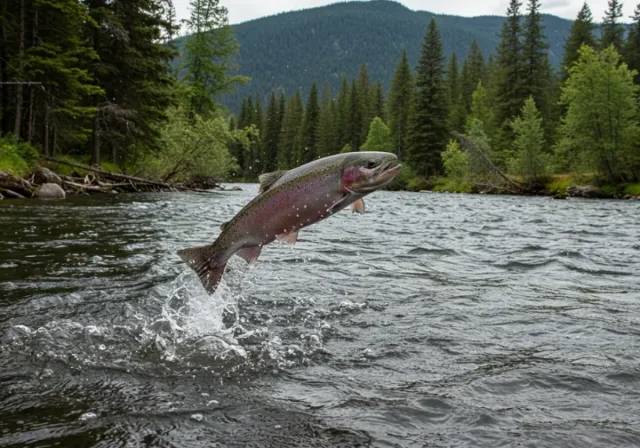 Steelhead leaping out of the water, highlighting the beauty and challenge of steelhead fishing.