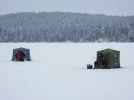 Ice fishing scene, with safety being a focus, showing anglers on a frozen lake.