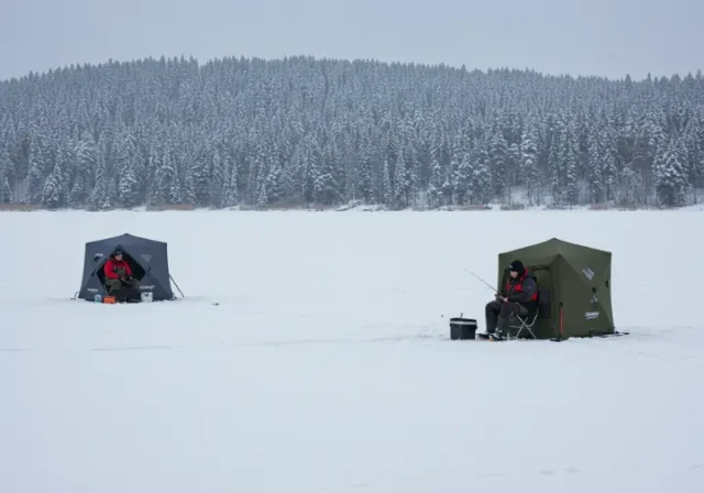 Ice fishing scene, with safety being a focus, showing anglers on a frozen lake.