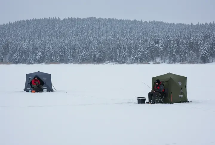 Ice fishing scene, with safety being a focus, showing anglers on a frozen lake.