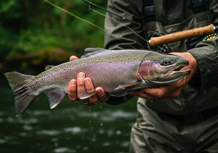 Close-up of an angler catching a steelhead, emphasizing the allure and challenge.