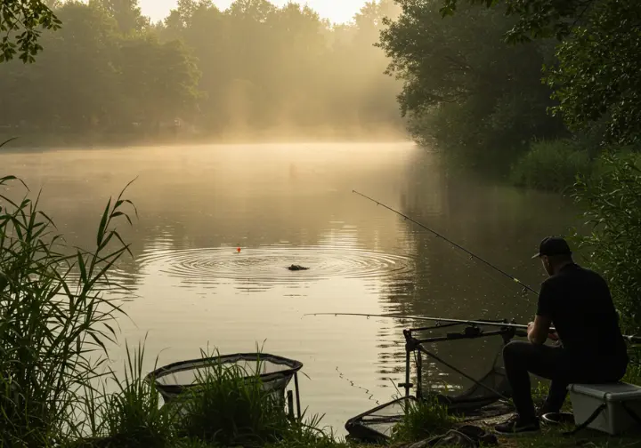 The mystery of carp fishing, with anglers casting lines on a serene lake.