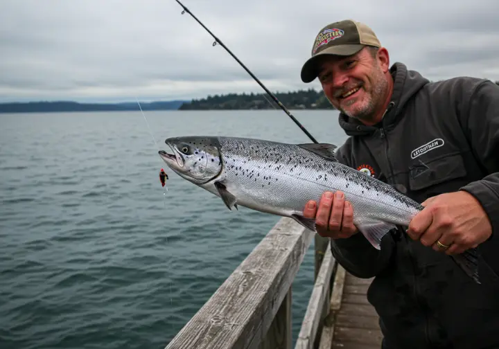 Angler reeling in a salmon at Edmonds Pier, with the Puget Sound in the background.