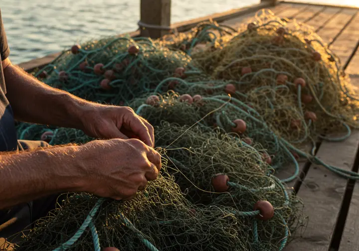 Fisherman repairing fishing nets on a dock, highlighting the importance of net fishing techniques.