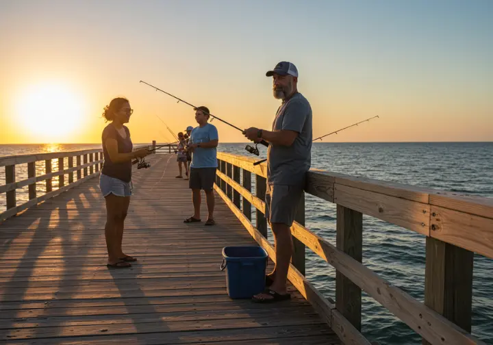 Family fishing together on a Florida pier, highlighting the need for a fishing license.