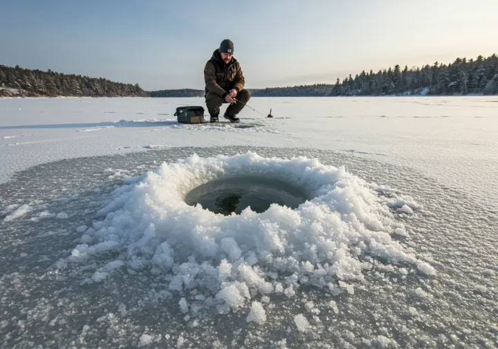 A close-up of an ice fishing hole with a fishing rod, showing the unique appeal and serene environment of ice fishing.