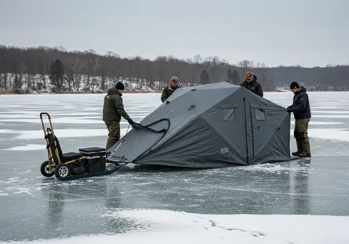 Anglers setting up a flip-over ice fishing shelter on a frozen lake.