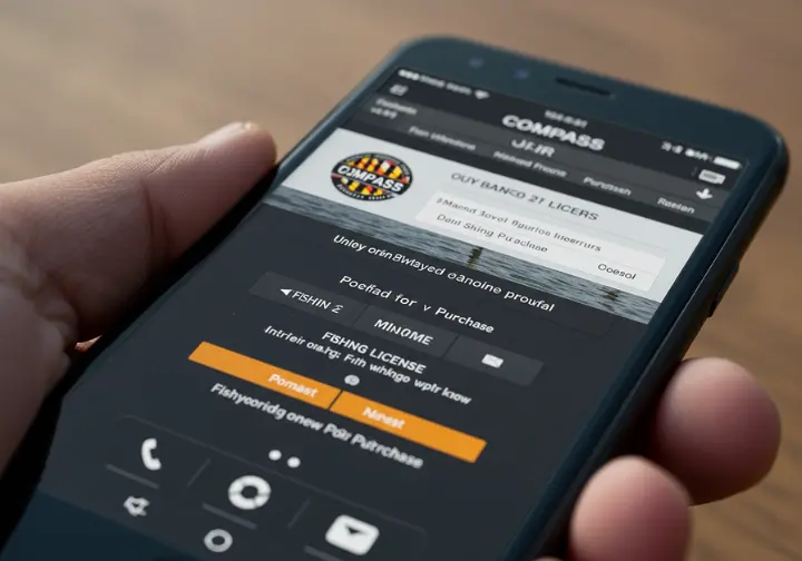 Smartphone screen showing the Maryland DNR’s COMPASS portal for purchasing a fishing license.