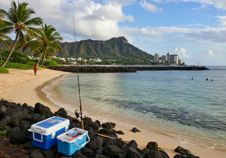Angler fishing on a serene Oahu beach with clear waters, palm trees, and volcanic rocks.
