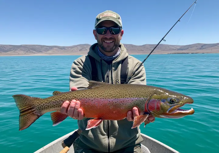 Angler holding a massive Lahontan Cutthroat Trout at Pyramid Lake Nevada.