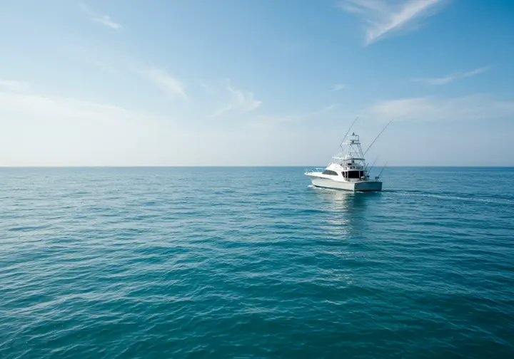 The thrill of tuna fishing, with a fishing boat in the vast ocean.