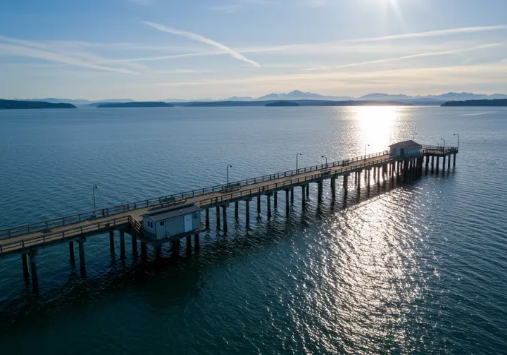 Wide-angle view of Edmonds Pier, showcasing its facilities and the Puget Sound.