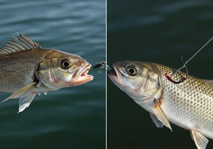 Comparison of angling and snagging techniques, showing fish biting a hook versus being hooked externally.