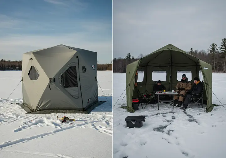 Split-image showing a flip-over shelter and a hub shelter for ice fishing.