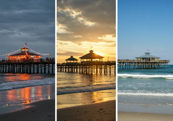 Split-image showing Apache Pier, 2nd Avenue Pier, and Cherry Grove Pier in Myrtle Beach.