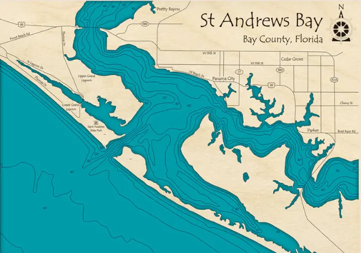 Map of St. Andrews Bay system with fish species icons for inshore fishing in Panama City Beach.