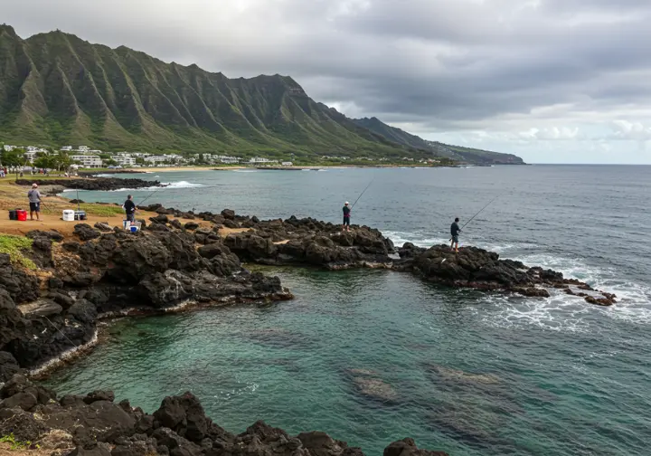 Panoramic view of Oahu's prime shore fishing spots with anglers and diverse fish species. 
