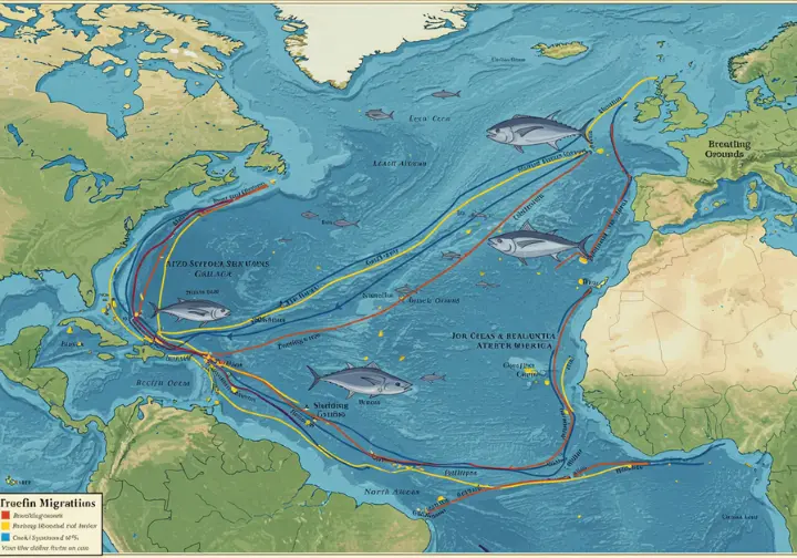 Tuna migration patterns, including routes across the Atlantic Ocean.