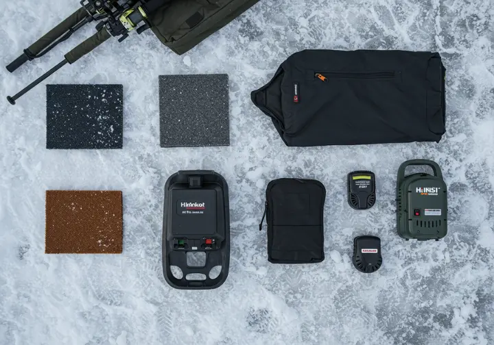 Flat-lay of essential features for choosing an ice fishing shelter, including durable fabric, a sled, and a heater.