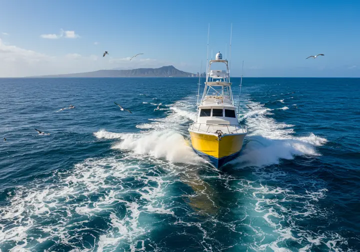 Deep-sea fishing charter boat near Oahu with anglers catching marlin and tuna. 