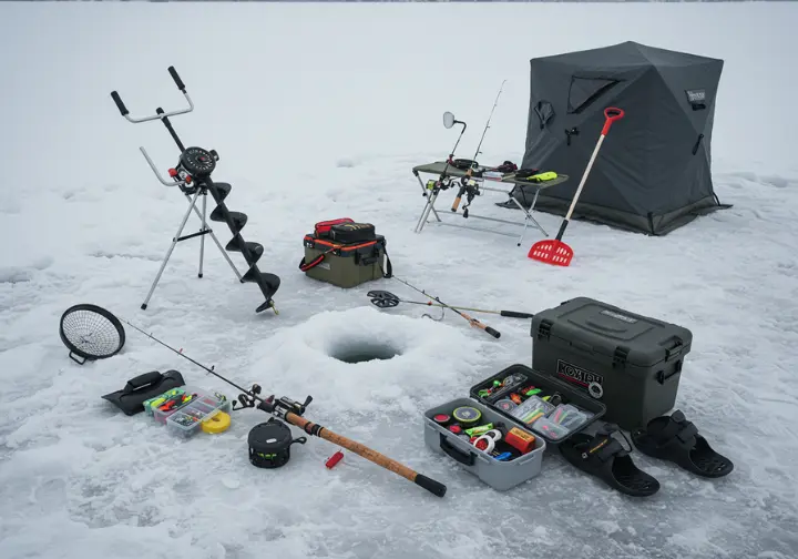 Essential ice fishing gear for a safe and successful trip.