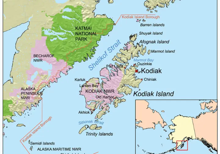  Map of Kodiak Island with highlighted fishing spots for salmon, halibut, and rockfish.