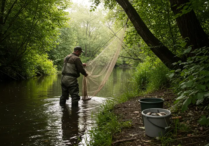 Fisherman setting a gill net in a river, demonstrating effective net fishing techniques.