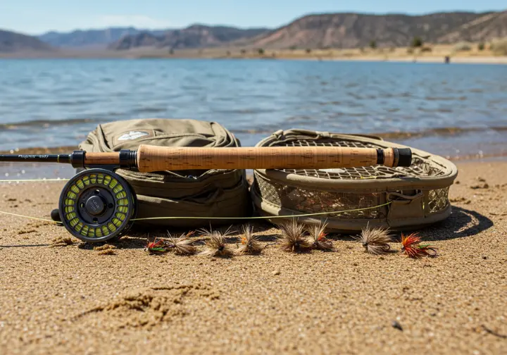 Flat-lay of essential fishing gear for Pyramid Lake, including fly rods, lines, and flies.