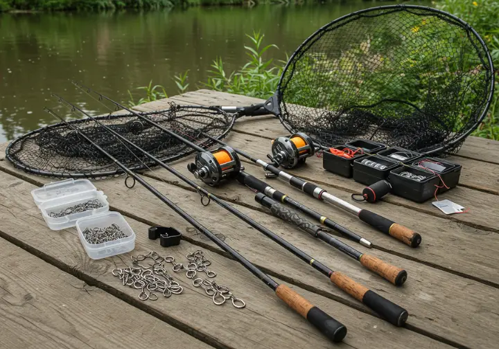 Essential fishing snagging gear, including rods, reels, hooks, and nets, displayed on a dock.