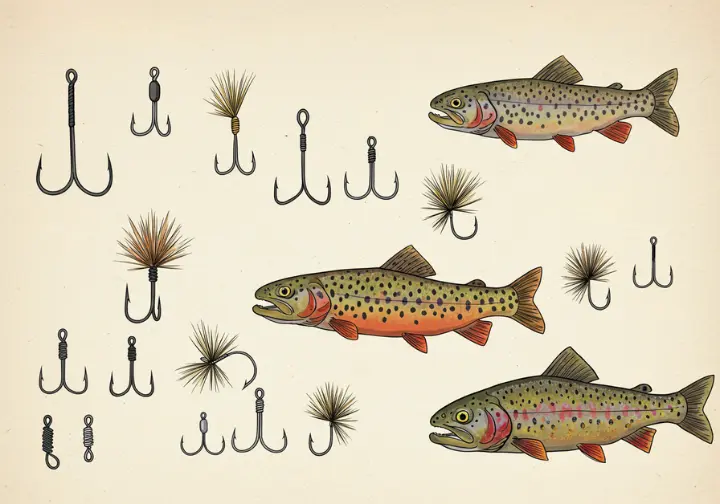 A guide to choosing the right hook type for trout fishing, including single, treble, circle, octopus, and barbless hooks.