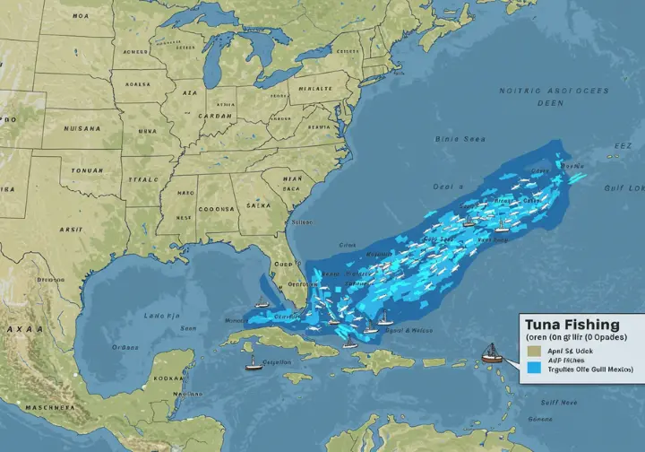 Tuna fishing seasons in the United States, with highlights of key areas.