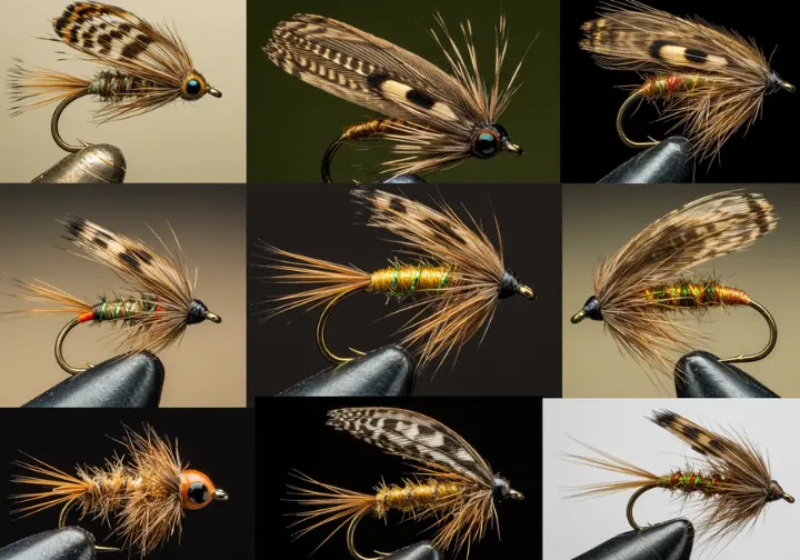 Various types of fly fishing flies, including dry flies, nymphs, and streamers.