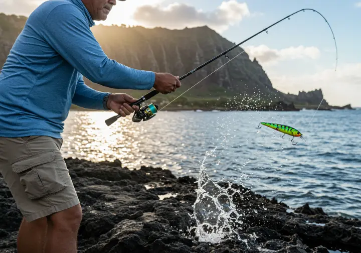 Anglers using whipping, fly fishing, and kayak fishing techniques in Oahu.