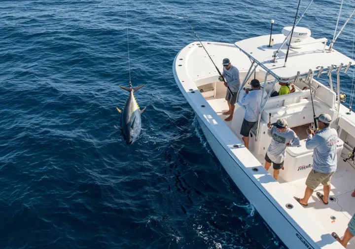 Anglers reeling in a yellowfin tuna on a deep-sea fishing boat in the Gulf of Mexico.  