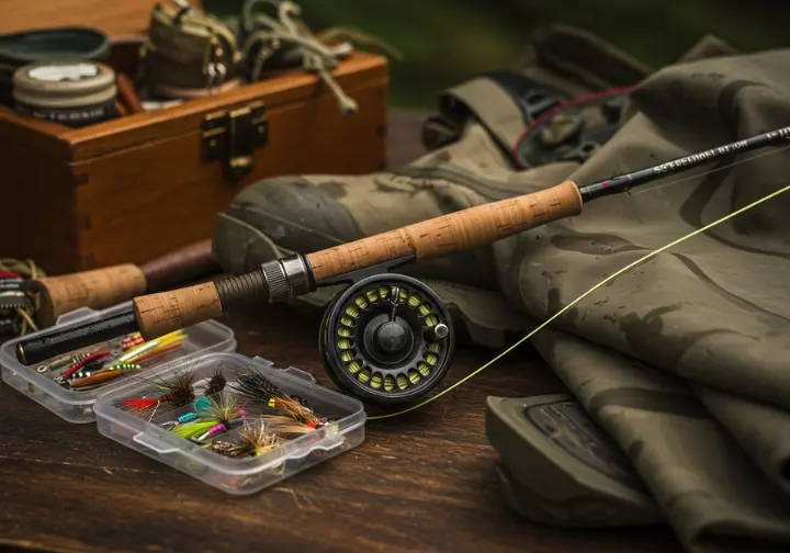 Essential gear and tackle for steelhead fishing, including rods, lines, and hooks.