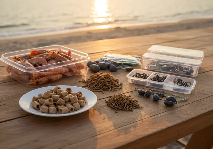 Assorted bait and tackle options for surf fishing in the Outer Banks, including shrimp, sand fleas, and rigs.