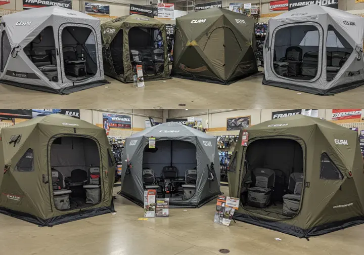 Collection of top ice fishing shelters from Eskimo, Otter Outdoors, and Clam, showcasing key features.