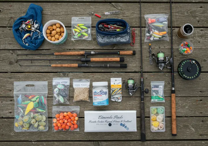 Flat-lay of essential fishing gear for Edmonds Pier, including rods, reels, lures, and bait.