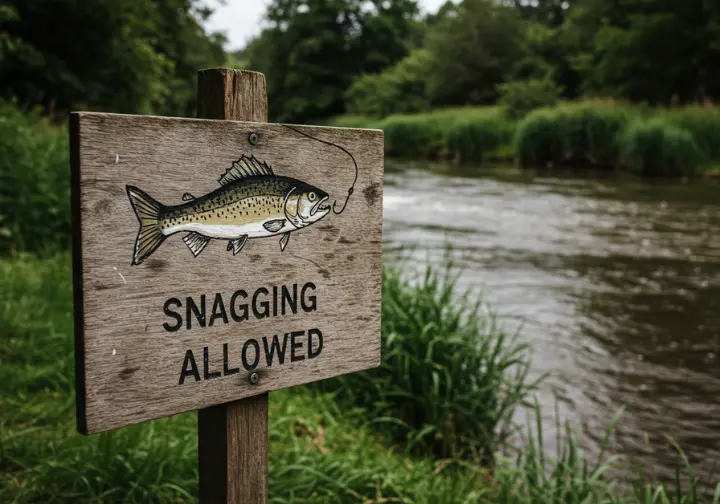 Signpost showing legal and ethical considerations for fishing snagging near a river.