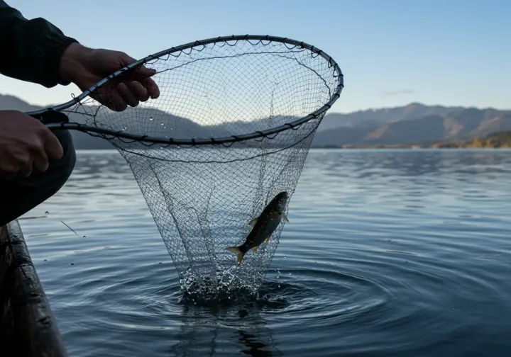 Fisherman releasing a fish back into the water, showcasing ethical and sustainable net fishing practices.