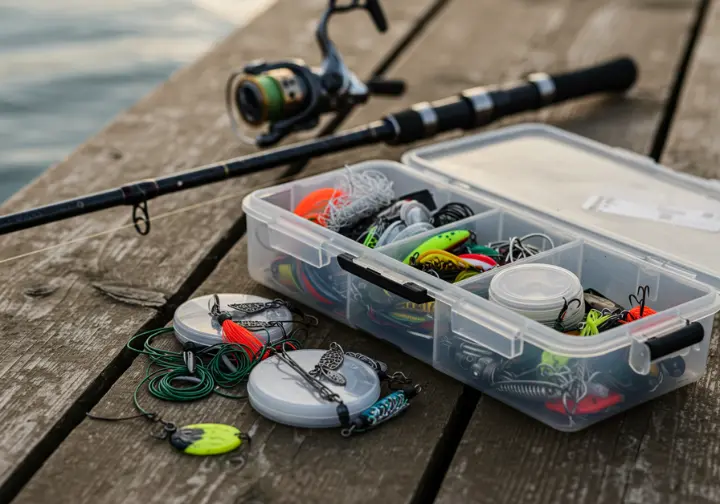 Close-up of a tackle box with fishing gear and a rod on a wooden dock.  